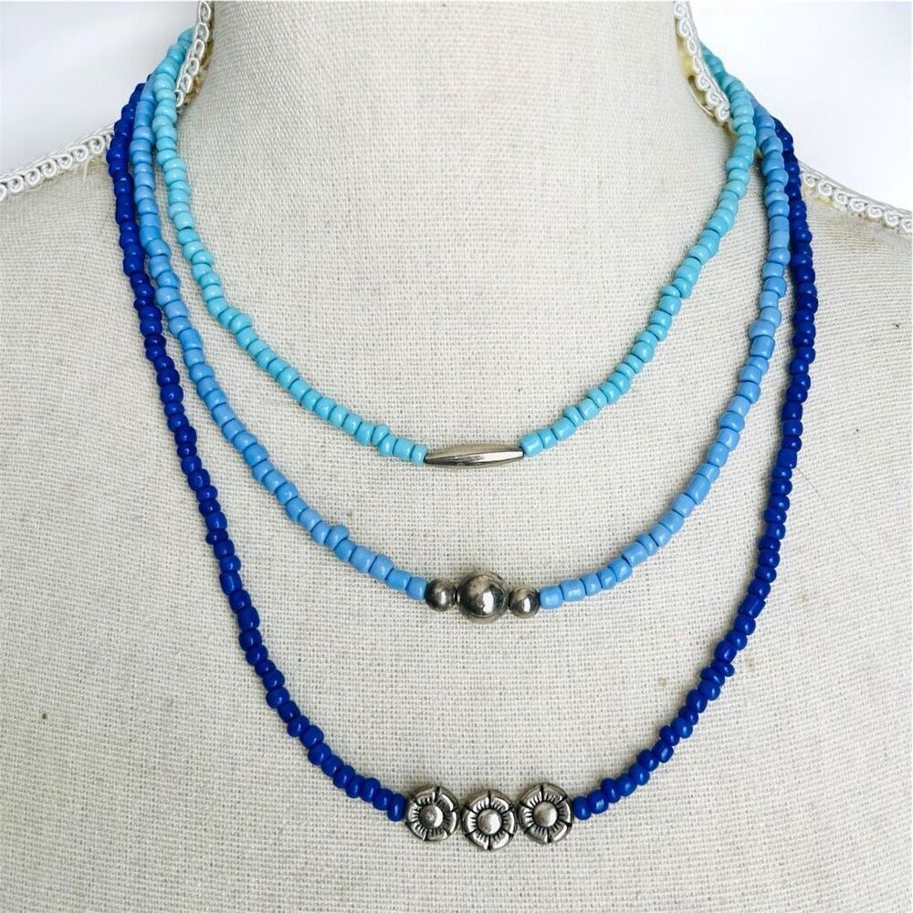 Handcrafted Set of 3 Blue Turquoise Silver Beads Necklaces